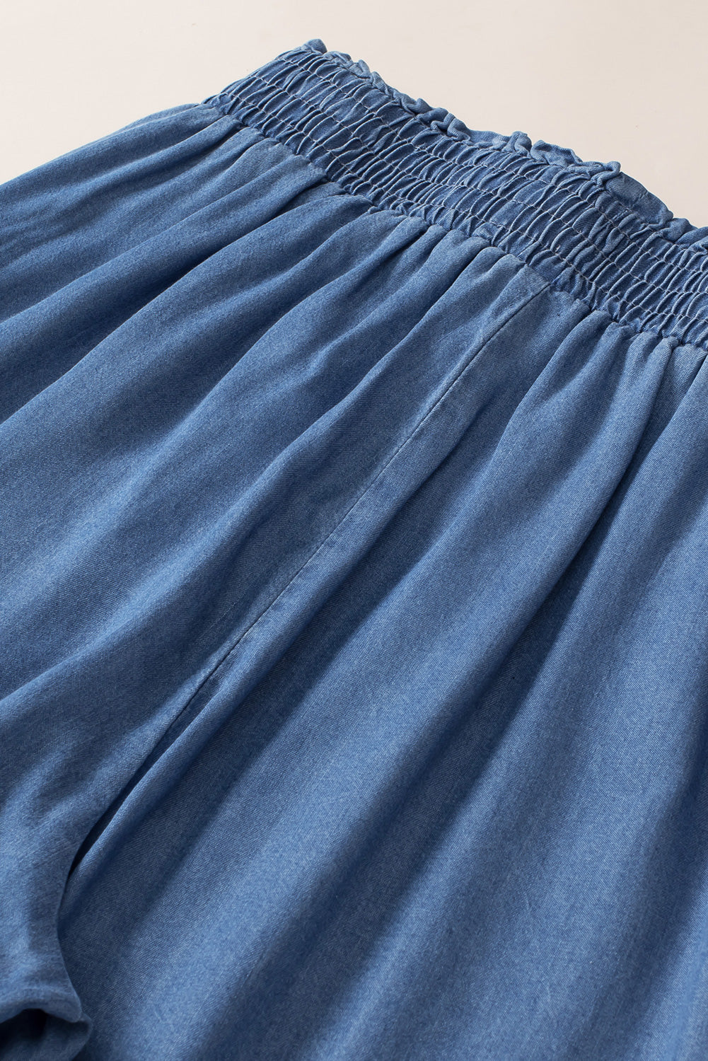 Sky Blue Side Pockets Frilled Smocked High Waist Wide Leg Jeans Bottoms JT's Designer Fashion