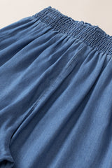 Sky Blue Side Pockets Frilled Smocked High Waist Wide Leg Jeans Bottoms JT's Designer Fashion