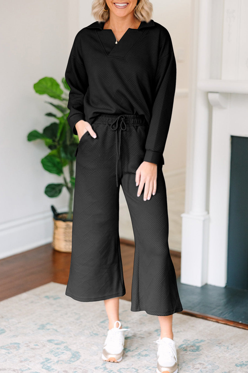 Black Solid Textured Collared V Neck Top and Wide Leg Pants Set Pant Sets JT's Designer Fashion