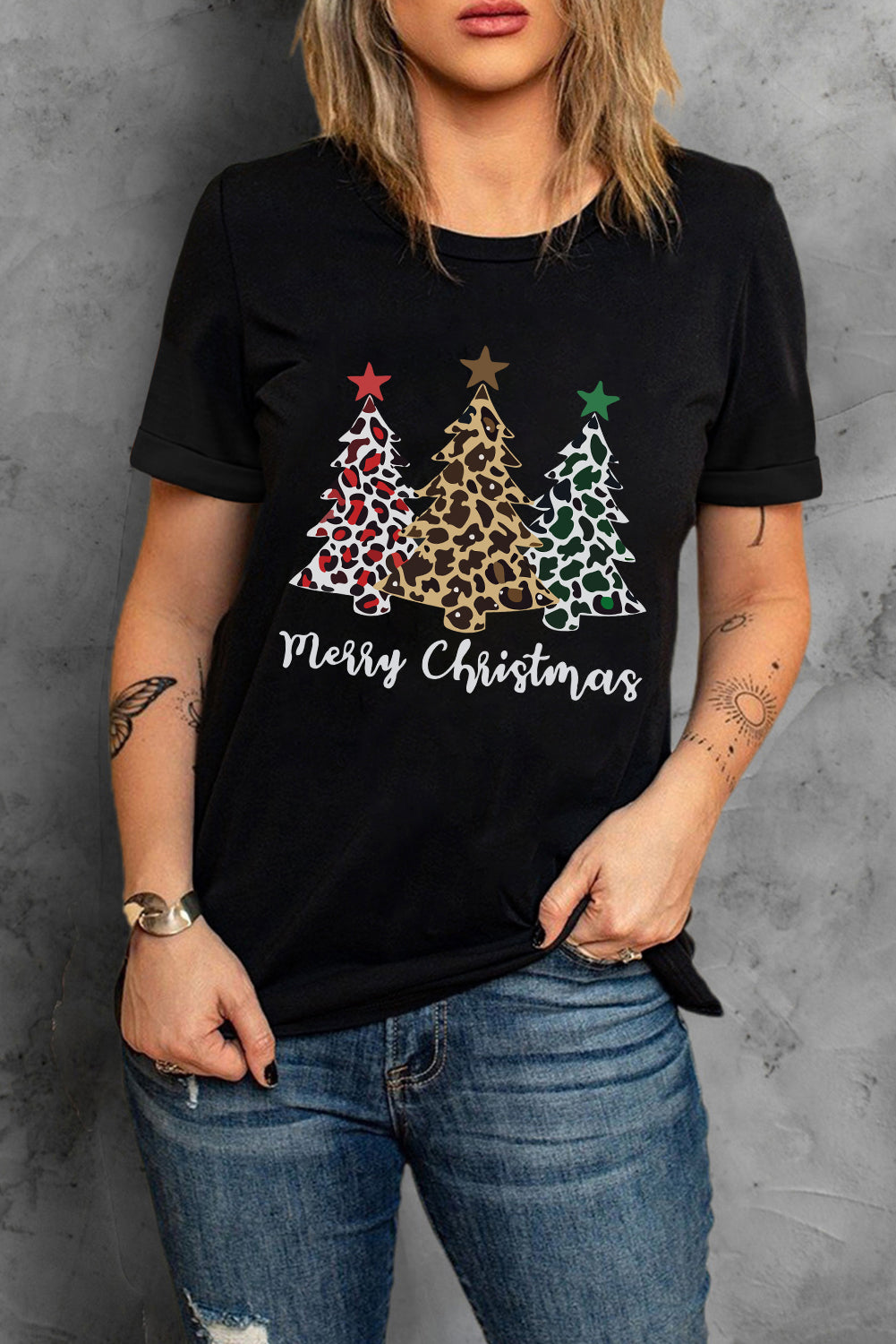 Black Leopard Tree Merry Christmas Graphic T Shirt Graphic Tees JT's Designer Fashion