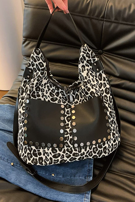 Leopard Polyester Shoulder Bag with Zippers Black One Size Shoulder Bags JT's Designer Fashion