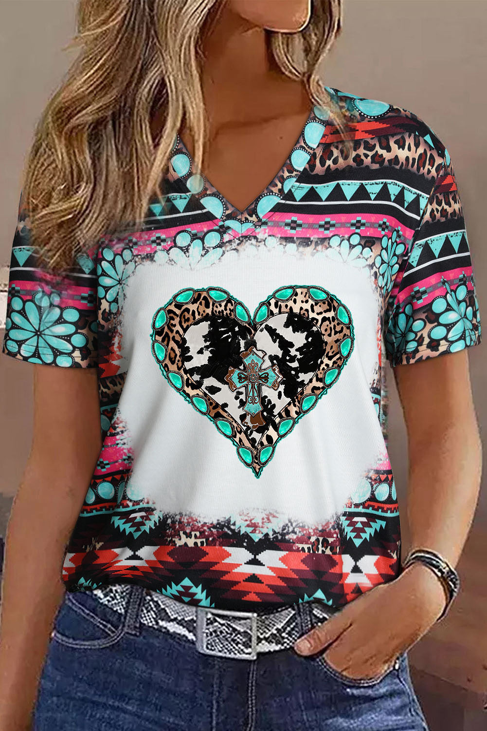 Green Western Turquoise Aztec Heart Shaped Graphic T Shirt Graphic Tees JT's Designer Fashion