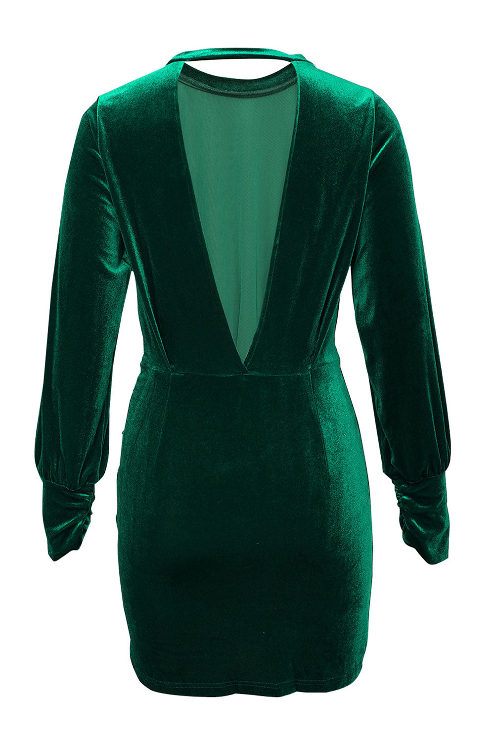 Green Mock Neck Long Sleeve Ruched Velvet Mini Dress with Hollow-out Back Mini Dresses JT's Designer Fashion