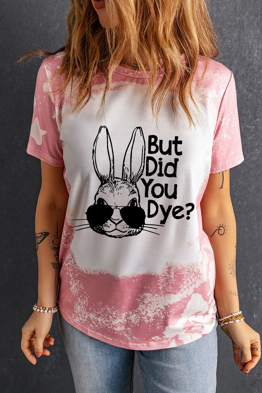 Pink Easter Rabbit Slogan Tie Dye Print Crewneck T Shirt Graphic Tees JT's Designer Fashion