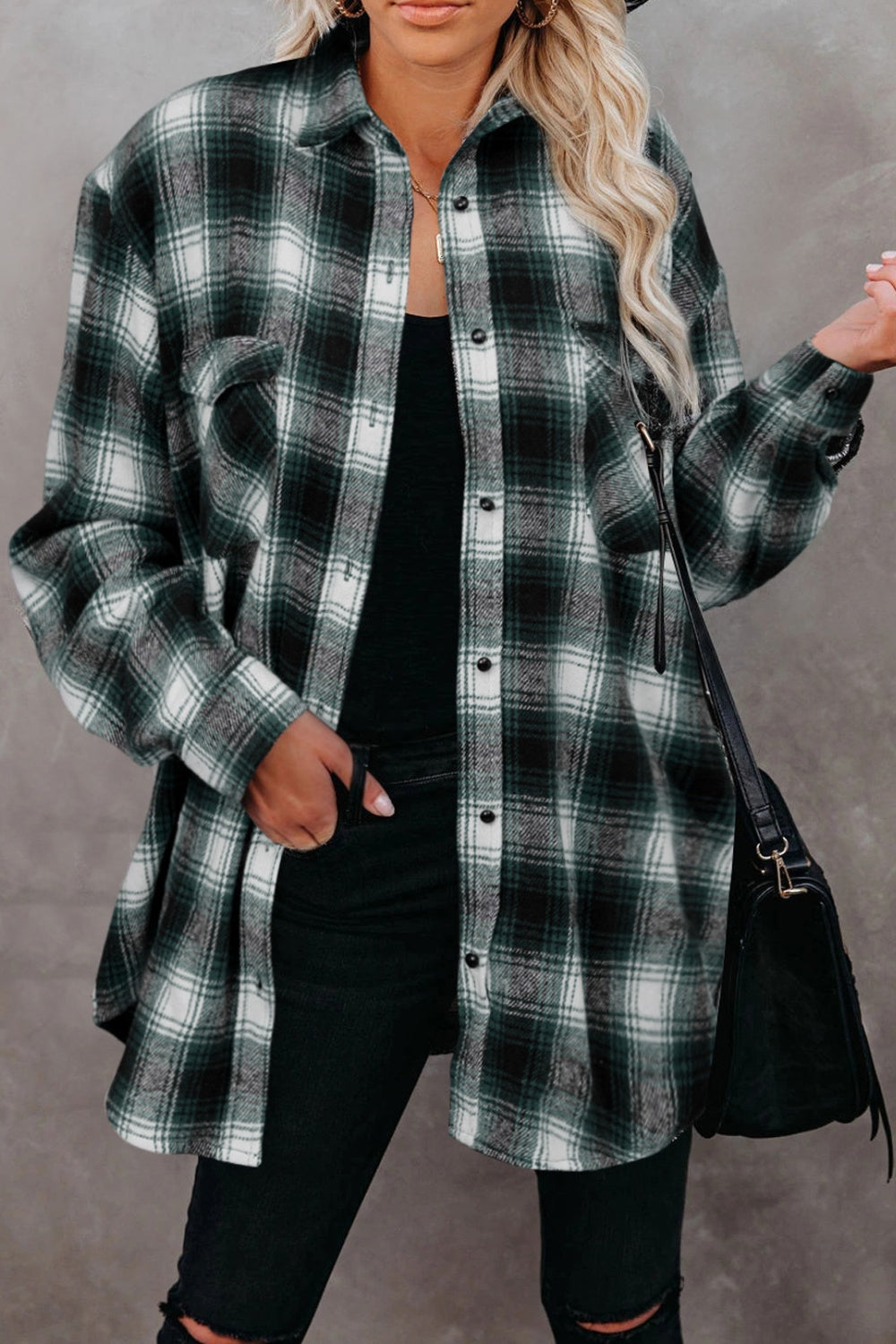 Full Size Plaid Collared Neck Long Sleeve Shirt Dark Green Long Sleeve Tops JT's Designer Fashion