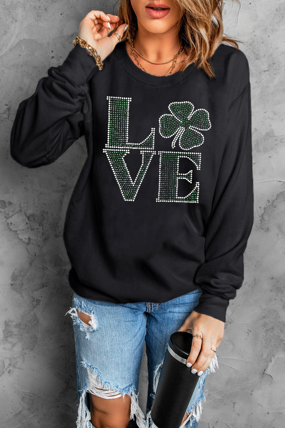 Black Rhinestone LOVE Clover Graphic St Patricks Pullover Sweatshirt Graphic Sweatshirts JT's Designer Fashion