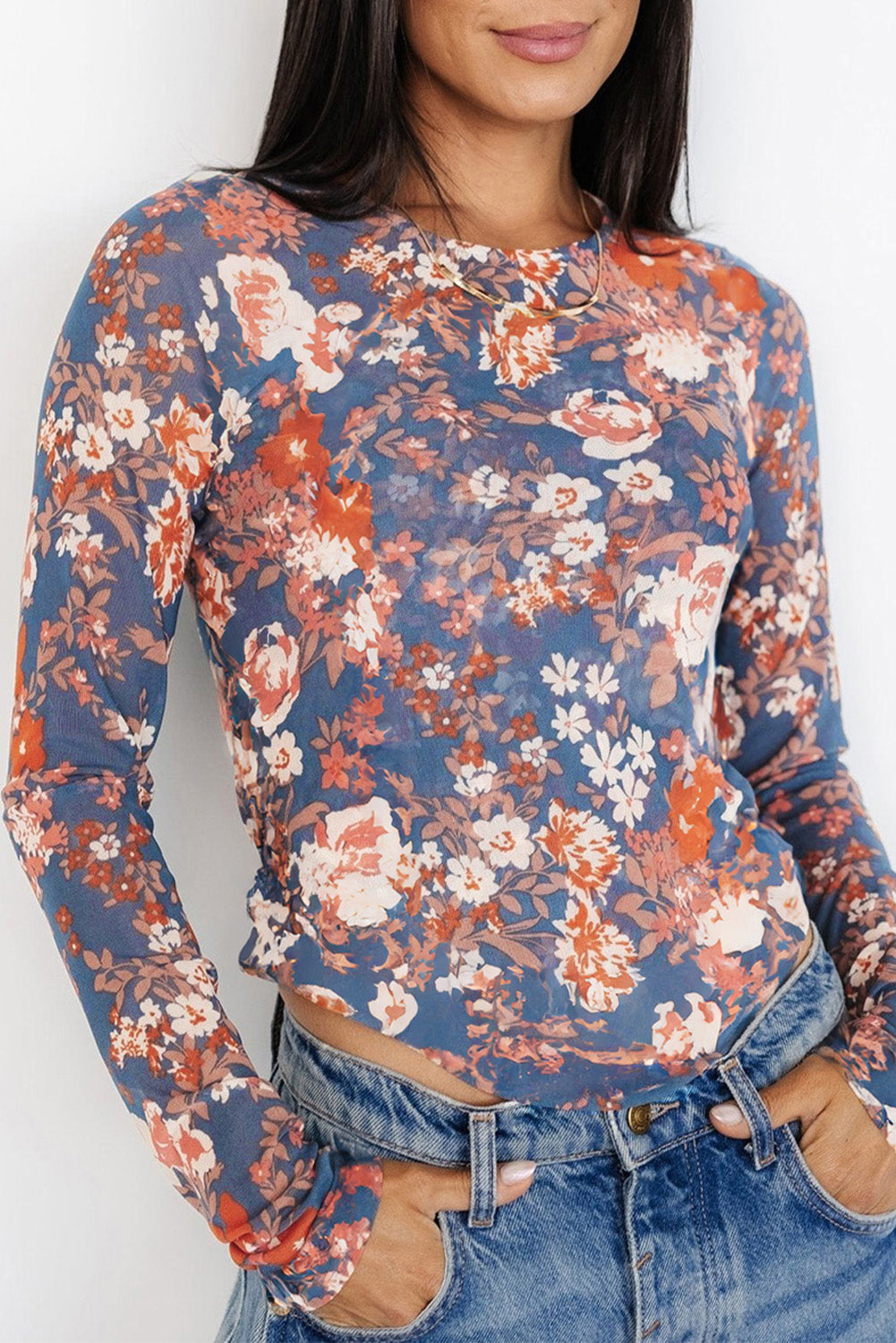 Orchid Petal Floral Print Mesh Fitted Long Sleeve Top Long Sleeve Tops JT's Designer Fashion