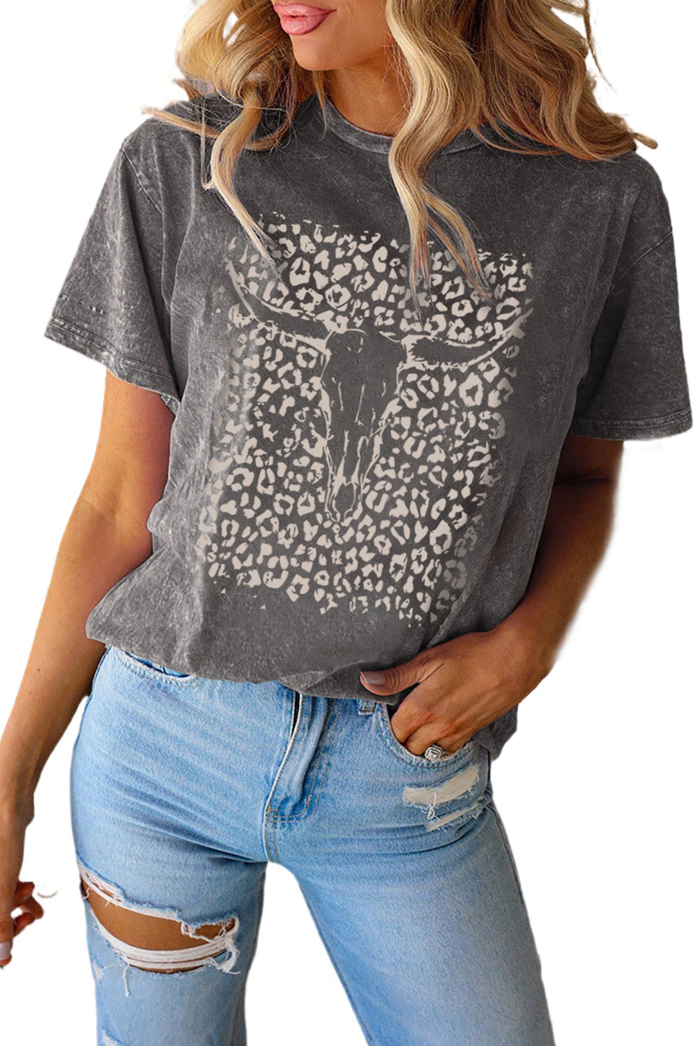 Black Leopard Skull Graphic Print Short Sleeve T Shirt Graphic Tees JT's Designer Fashion