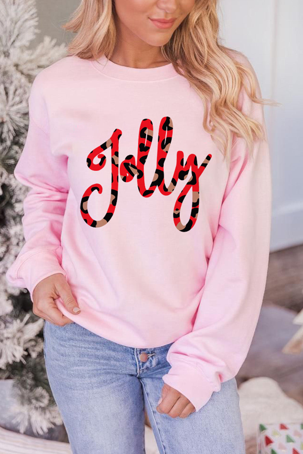 Pink Leopard Shading Jolly Letter Print Sweatshirt Graphic Sweatshirts JT's Designer Fashion