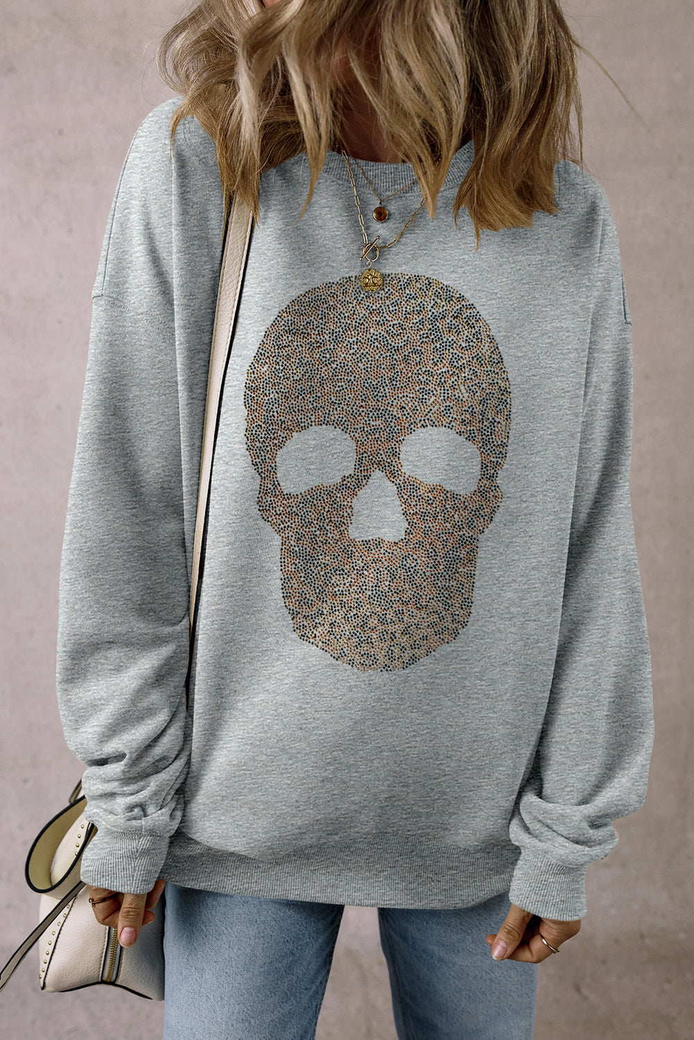 Light Grey Rhinestone Skull Graphic Drop Shoulder Sweatshirt Graphic Sweatshirts JT's Designer Fashion