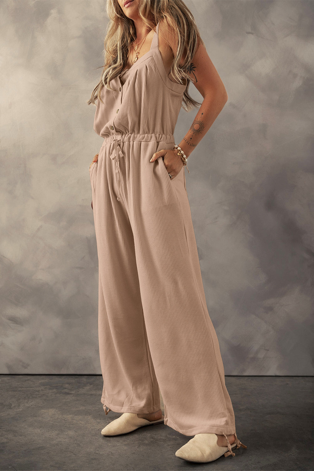 Pale Khaki Knotted Straps Button Textured Drawstring Jumpsuit Jumpsuits & Rompers JT's Designer Fashion