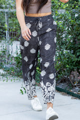 Black Bohemian Printed Drawstring Waist Wide Leg Pants Pants & Culotte JT's Designer Fashion