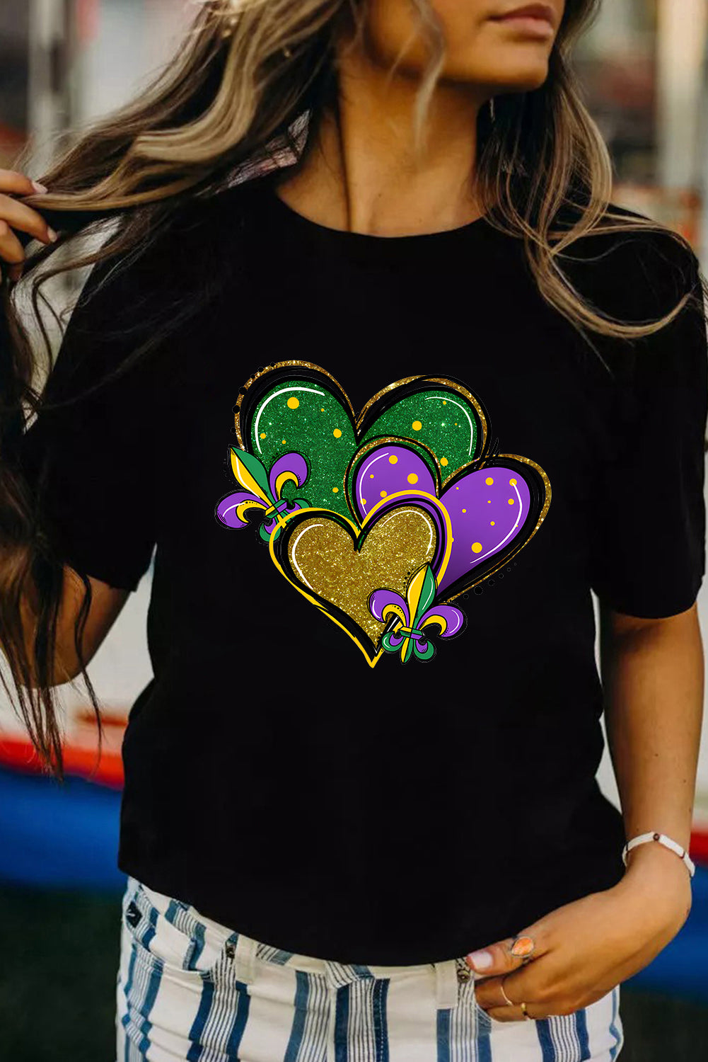 Black Fleur de Lis Heart Printed Mardi Gras T Shirt Graphic Tees JT's Designer Fashion