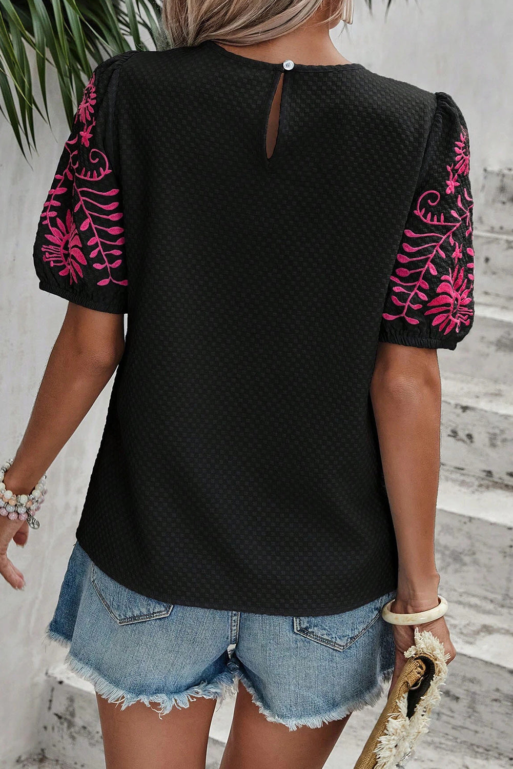 Black Floral Embroidered Textured Puff Sleeve T Shirt Tops & Tees JT's Designer Fashion