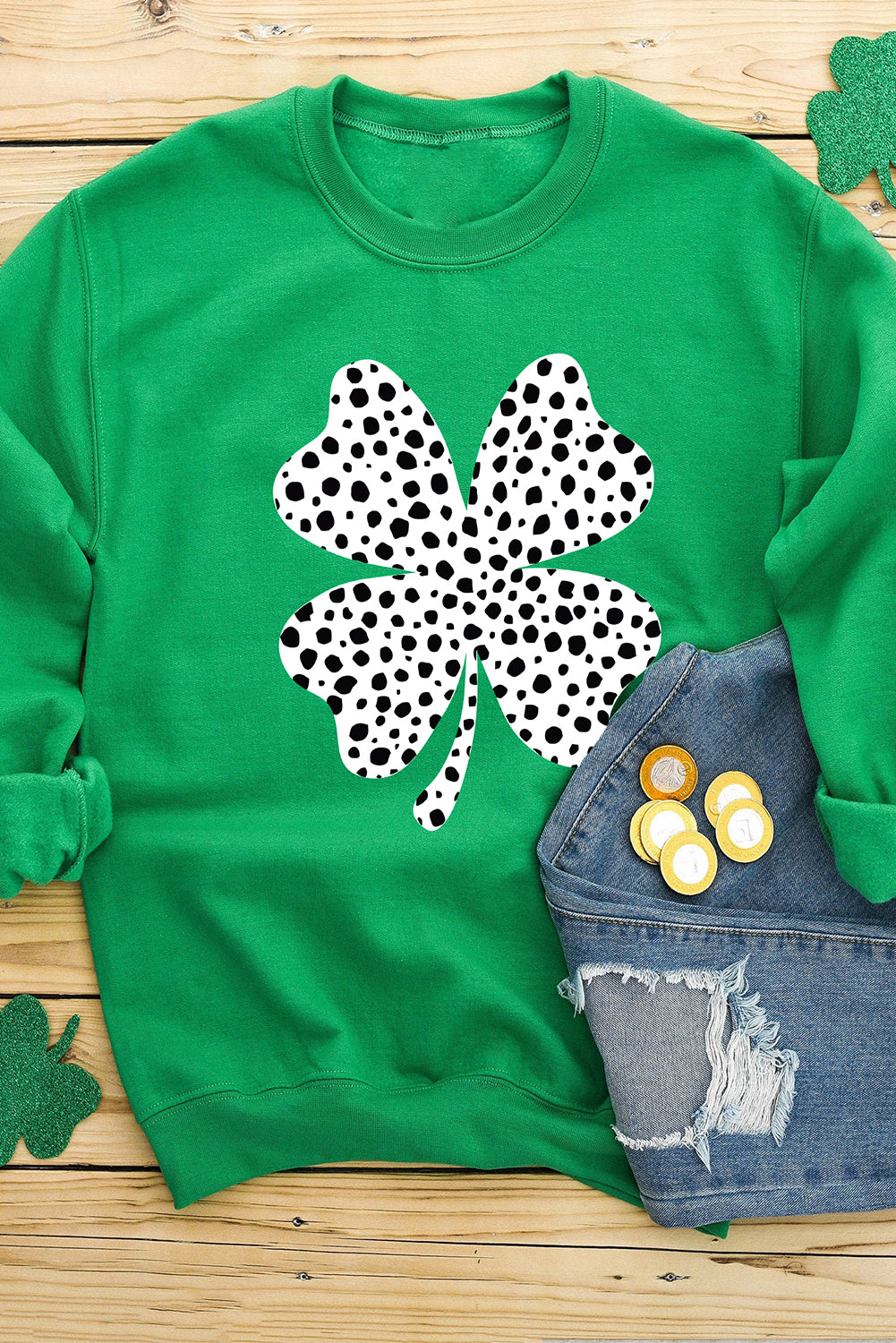 Dark Green St Patricks Day Spotty Clover Graphic Sweatshirt Graphic Sweatshirts JT's Designer Fashion