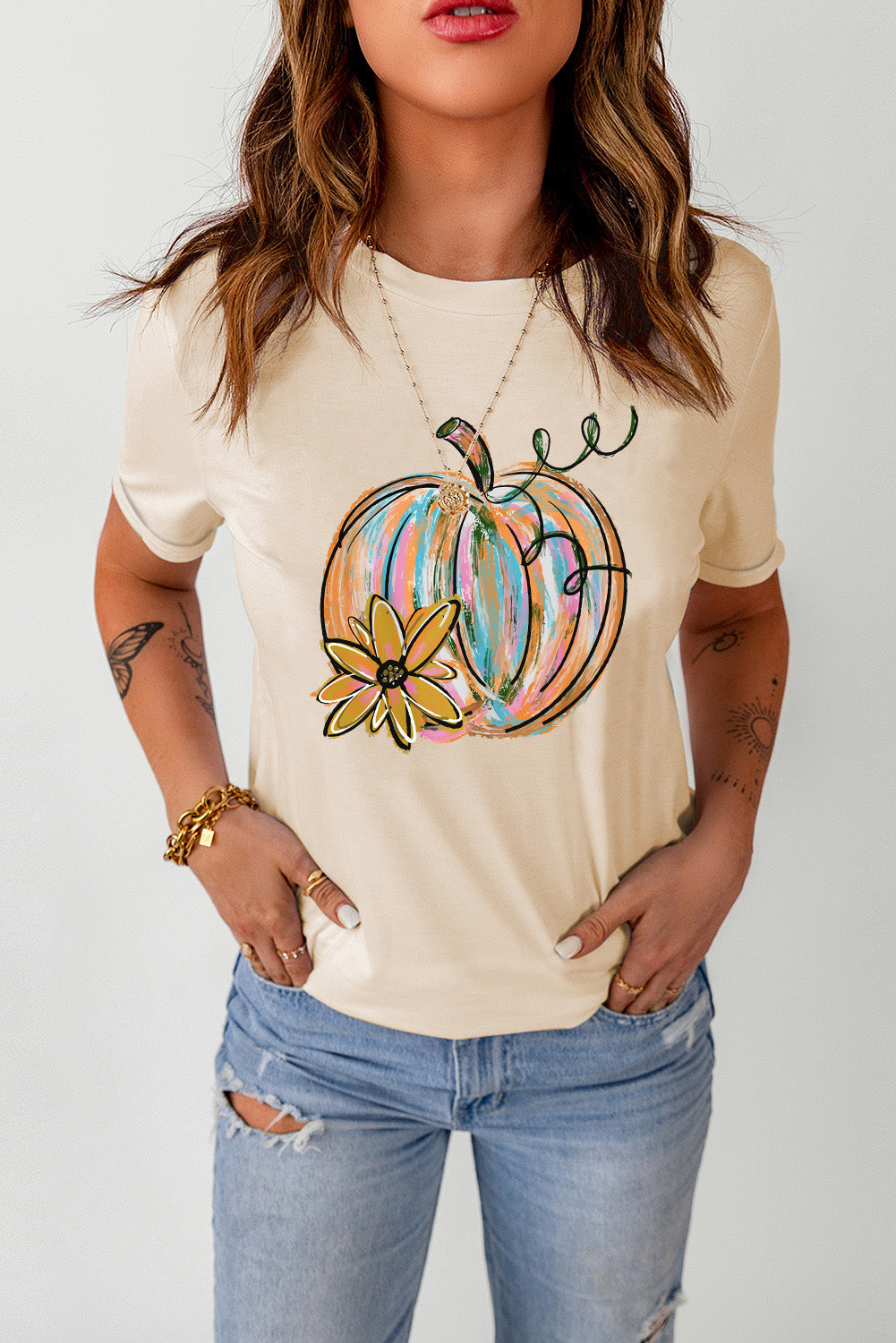 Khaki Pumpkin with Flower Graphic T Shirt Graphic Tees JT's Designer Fashion