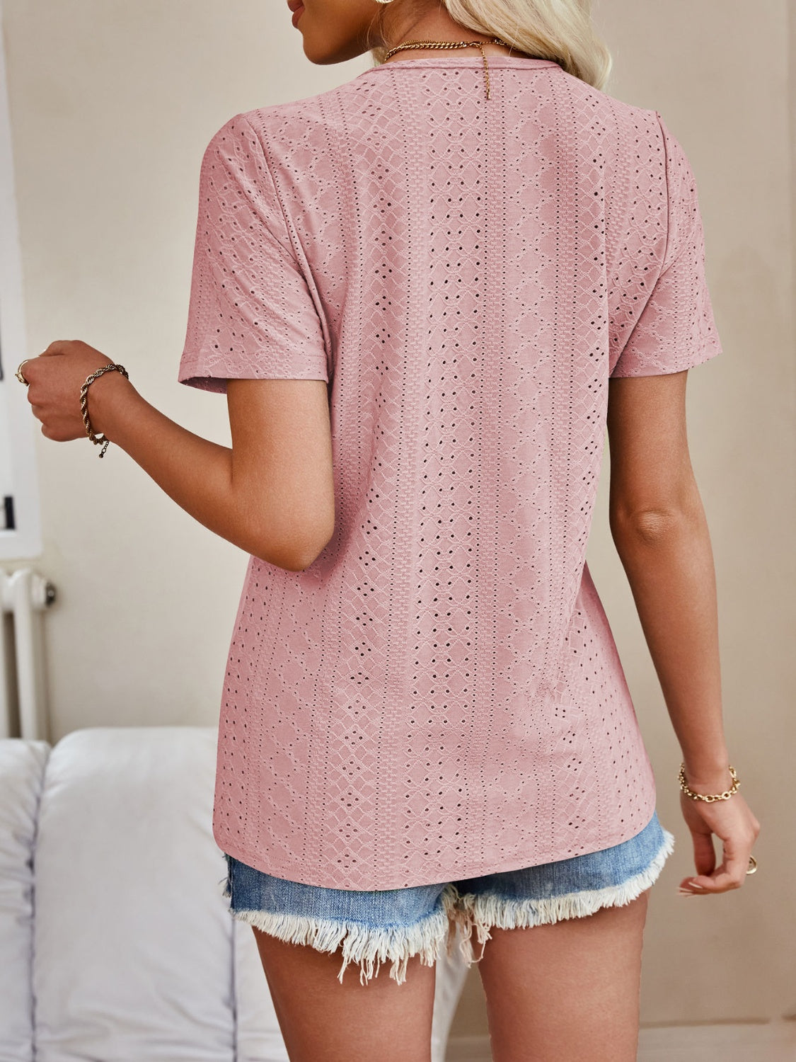 Eyelet V-Neck Short Sleeve Top Tops JT's Designer Fashion