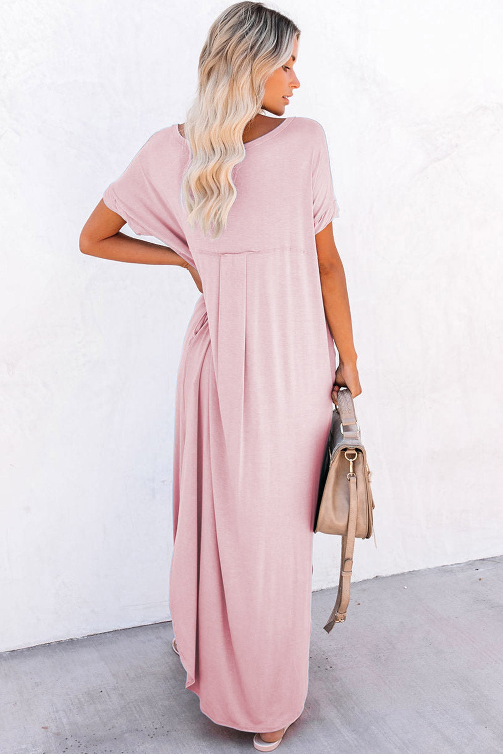 Pink V Neck Hidden Pocket Splits Maxi T-shirt Dress T Shirt Dresses JT's Designer Fashion