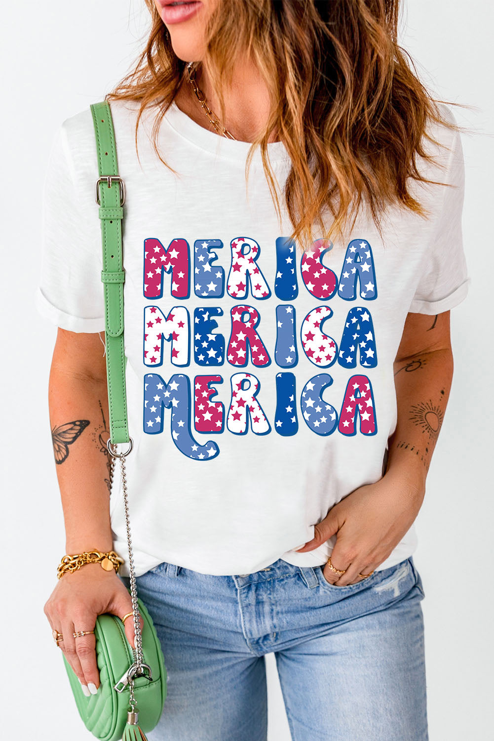 White MERICA Graphic Crew Neck Tee Graphic Tees JT's Designer Fashion