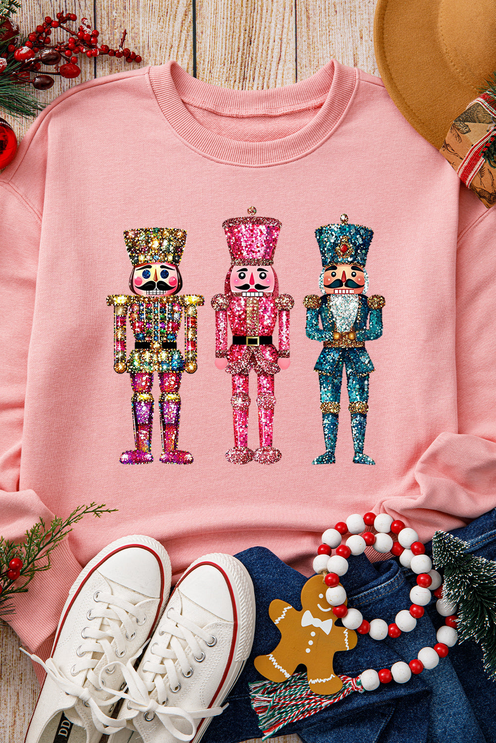 Pink Shimmer Nutcracker Graphic Christmas Pullover Sweatshirt Graphic Sweatshirts JT's Designer Fashion