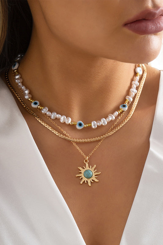 Gold Sun Turquoise Pearl Beaded Multi Layered Pendant Necklace Jewelry JT's Designer Fashion