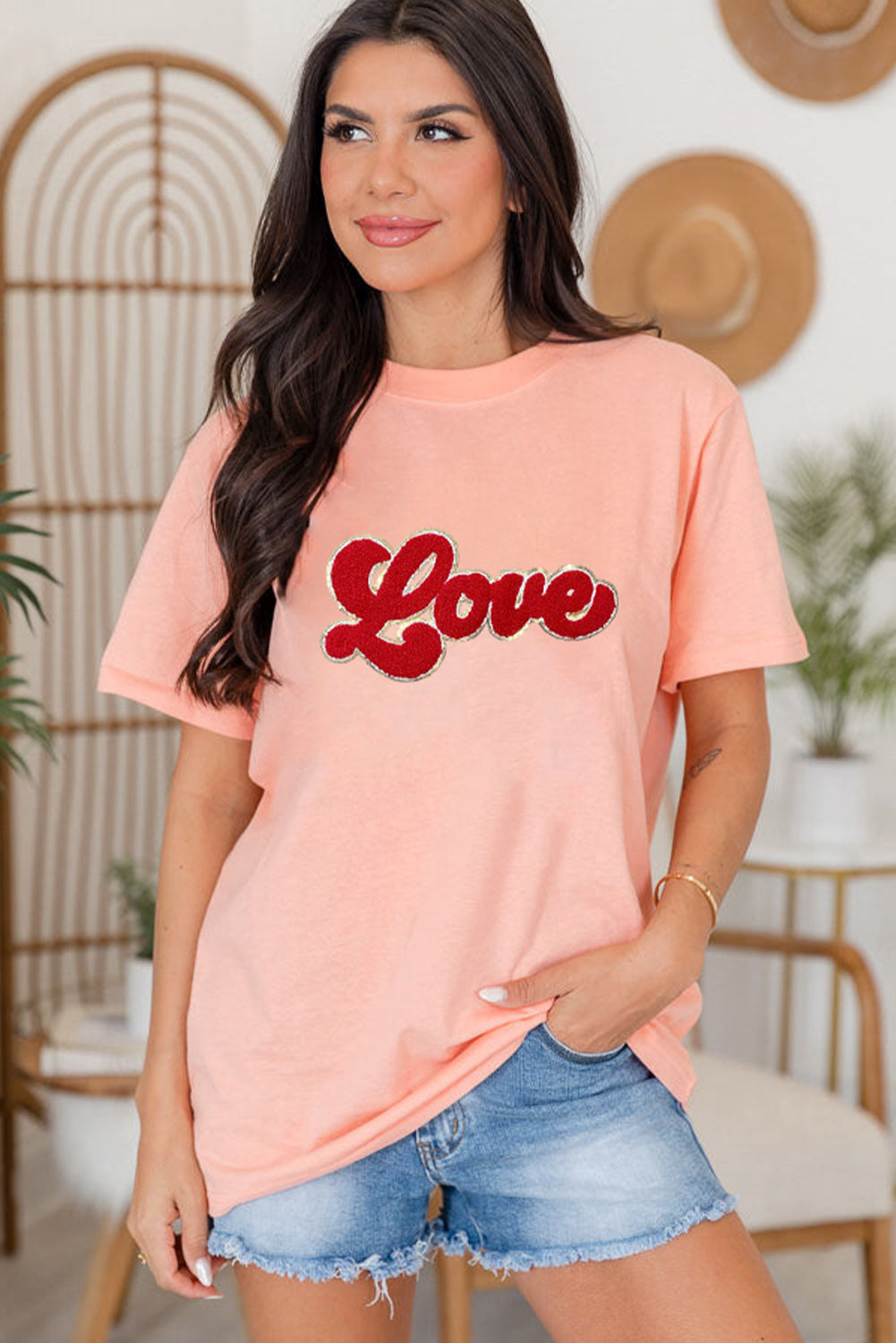 Pink Chenille Love Patched Pattern Round Neck Valentines T Shirt Graphic Tees JT's Designer Fashion