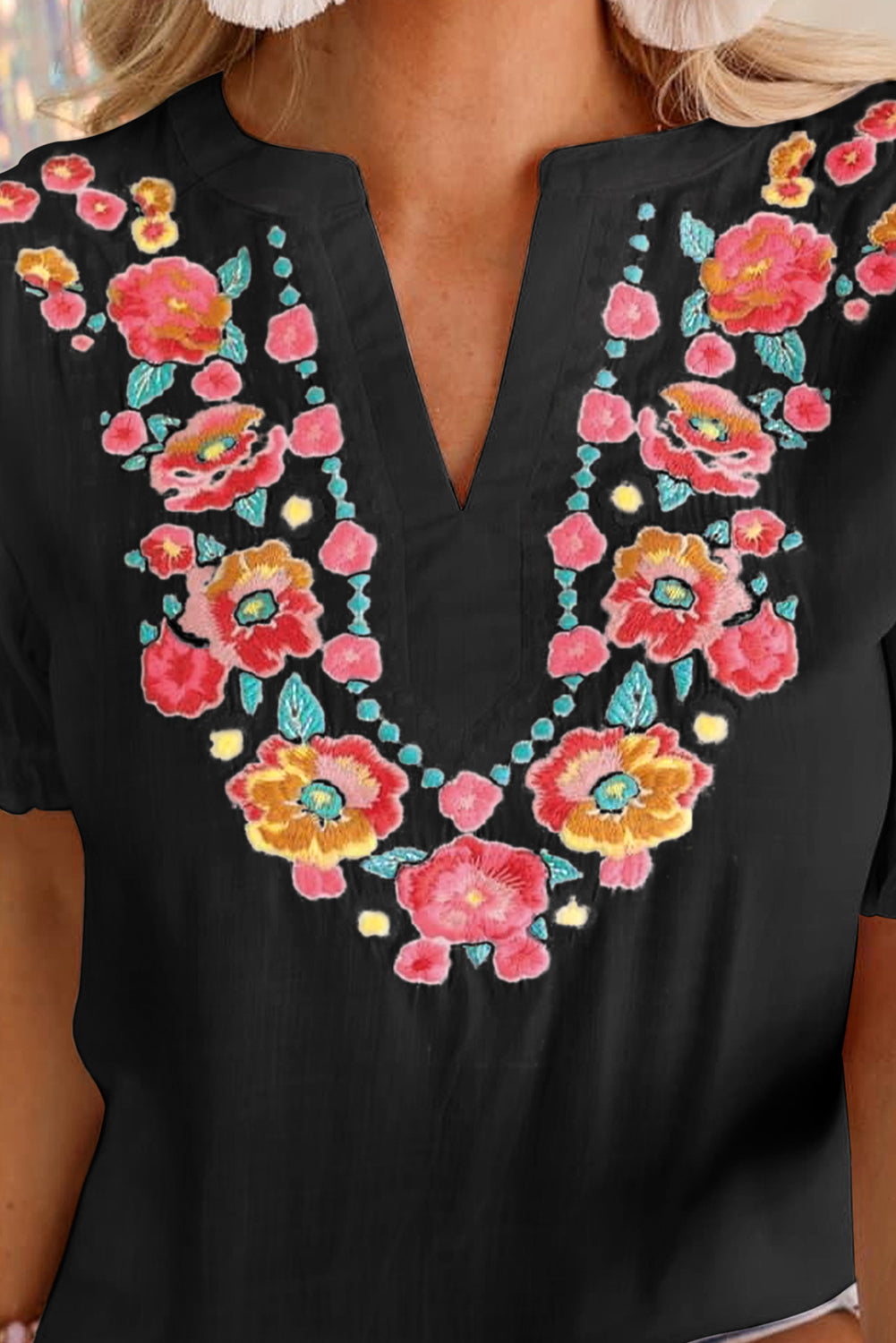 Black Floral Embroidered Ruffled Puff Sleeve Blouse Blouses & Shirts JT's Designer Fashion