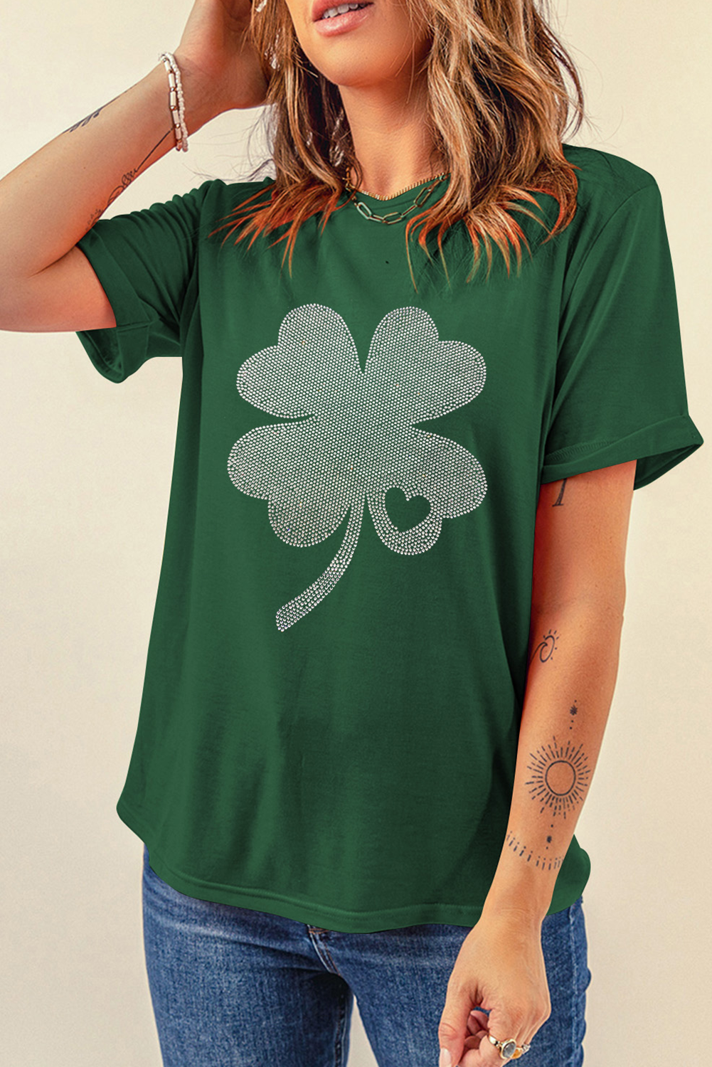 Green Rhinestone Four Leaf Clover Graphic St Patrick Crewneck Tee Graphic Tees JT's Designer Fashion