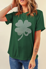 Green Rhinestone Four Leaf Clover Graphic St Patrick Crewneck Tee Graphic Tees JT's Designer Fashion