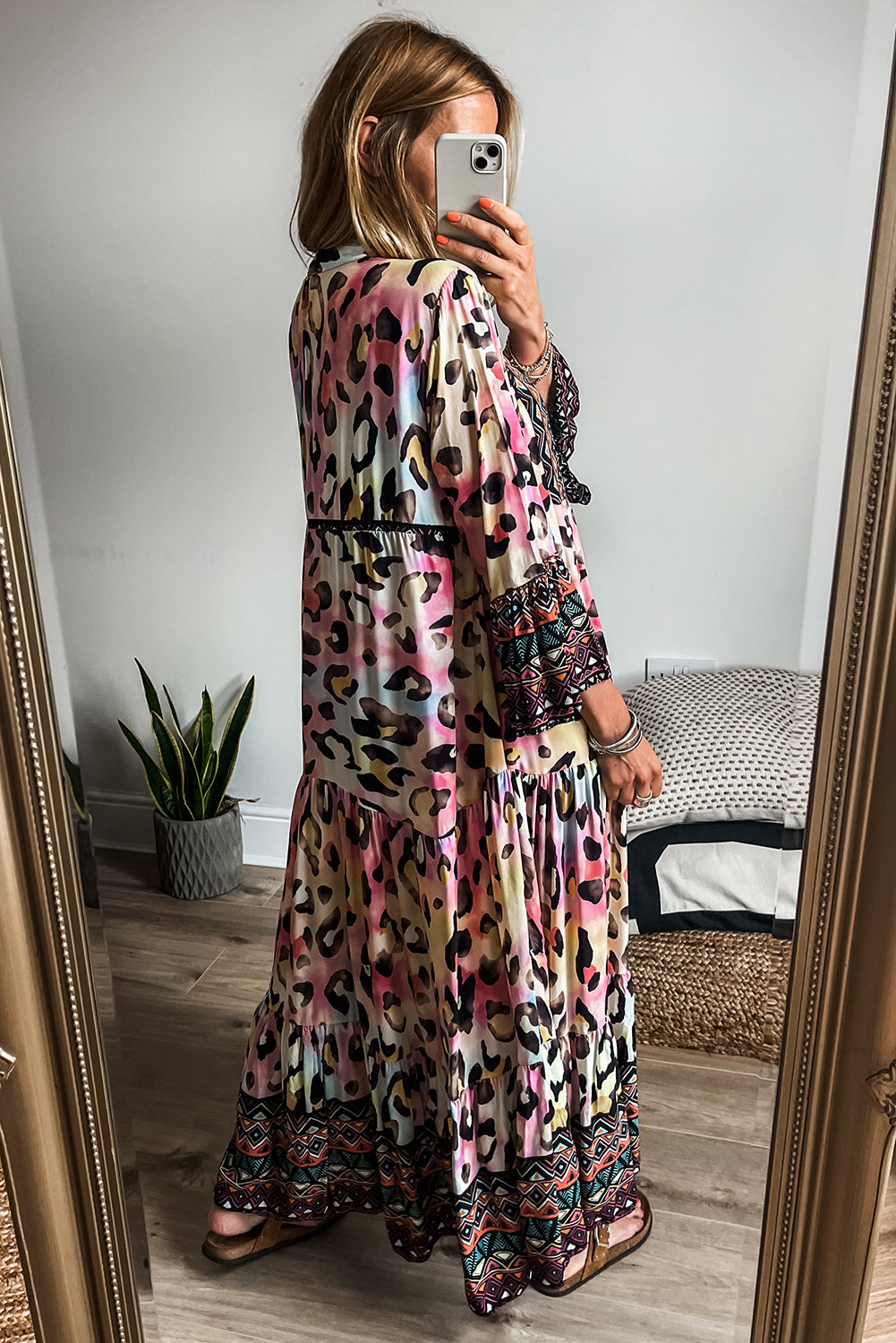 Pink Western Leopard Printed 3/4 Sleeve Buttoned Front Tiered Maxi Dress Maxi Dresses JT's Designer Fashion