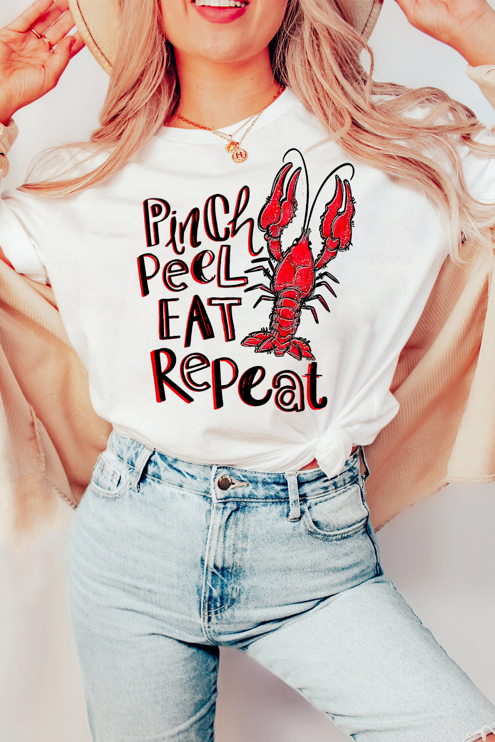 White Pinch Peel Eat Repeat Crawfish Print Crew Neck Tee Graphic Tees JT's Designer Fashion