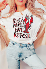 White Pinch Peel Eat Repeat Crawfish Print Crew Neck Tee Graphic Tees JT's Designer Fashion
