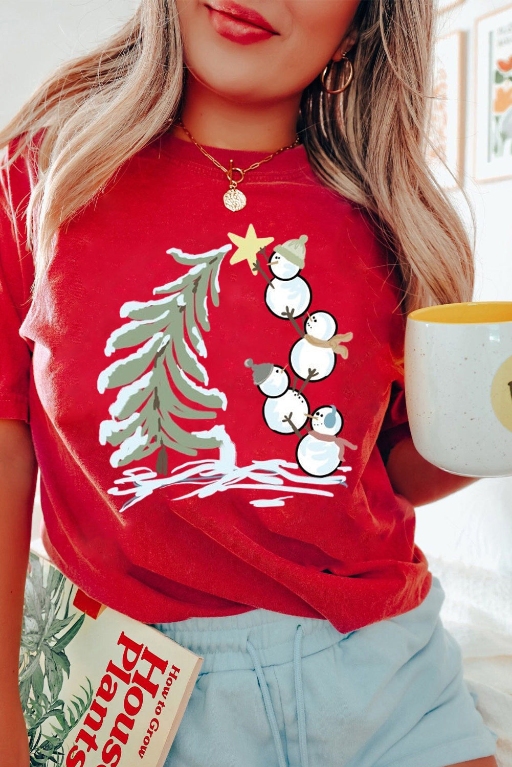 Red Christmas Tree Snowman Printed Crewneck T Shirt Graphic Tees JT's Designer Fashion