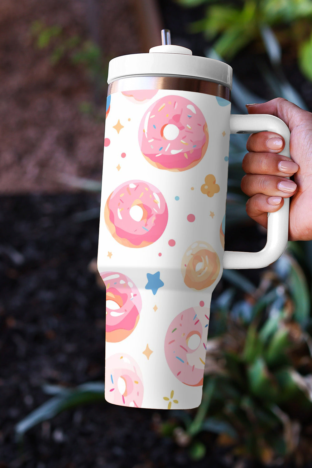 White Doughnut Pattern Stainless Vacuum Cup with Handle 40oz Tumblers JT's Designer Fashion