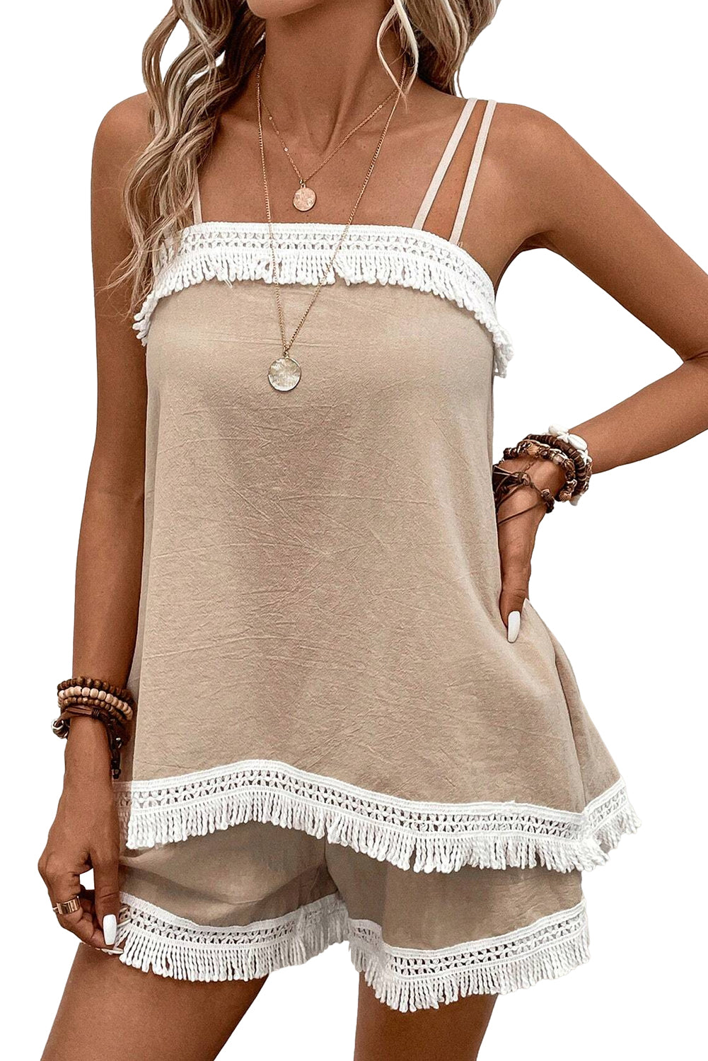 Pale Khaki Fringe Crochet Double Strap Tank Top and Shorts Set Short Sets JT's Designer Fashion