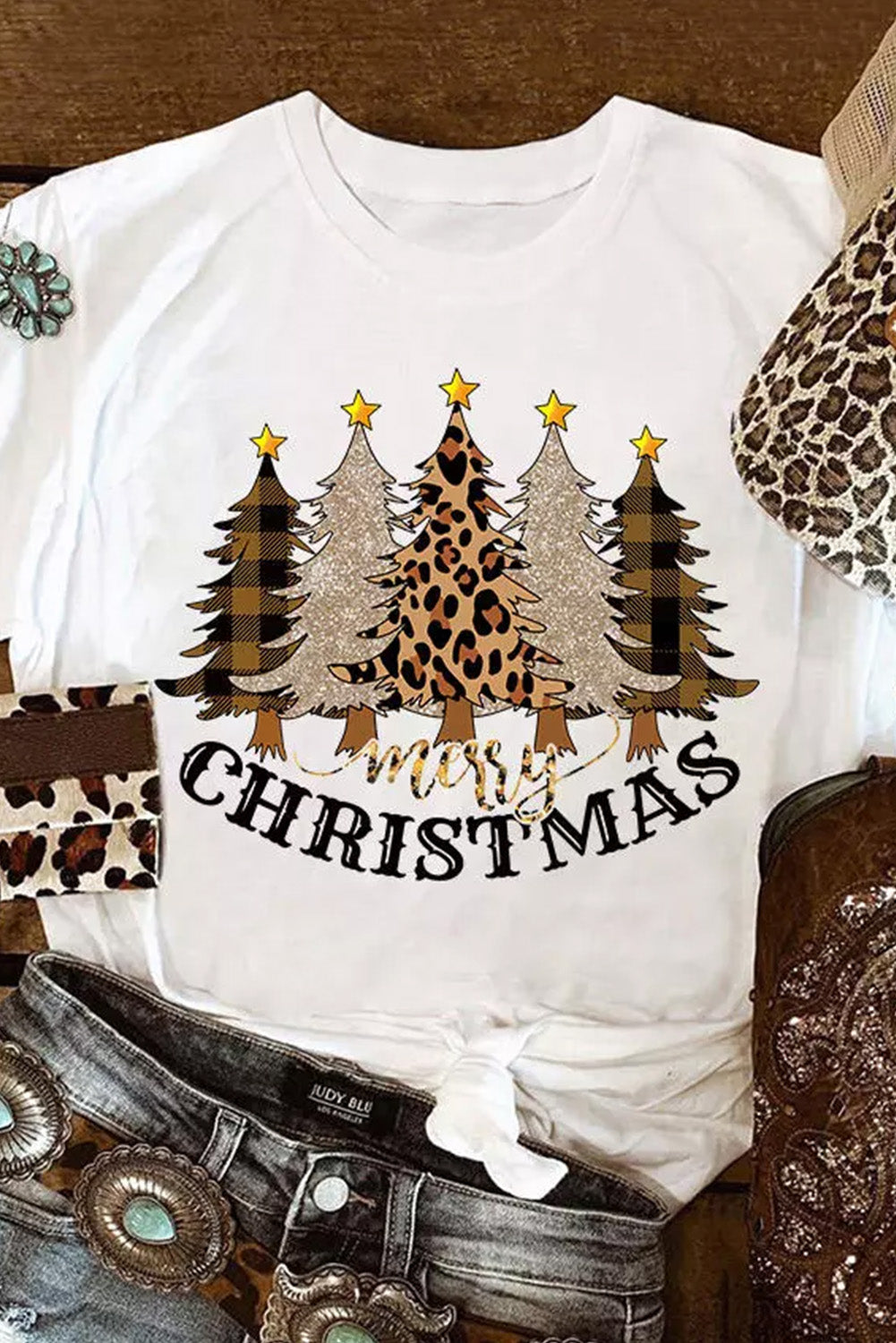 White Merry Christmas Plaid Leopard Trees Graphic T Shirt Graphic Tees JT's Designer Fashion