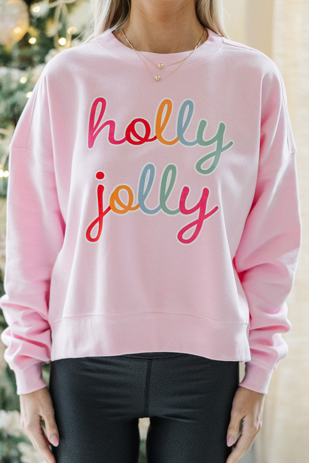 Pink holly jolly Printed Round Neck Christmas Sweatshirt Graphic Sweatshirts JT's Designer Fashion