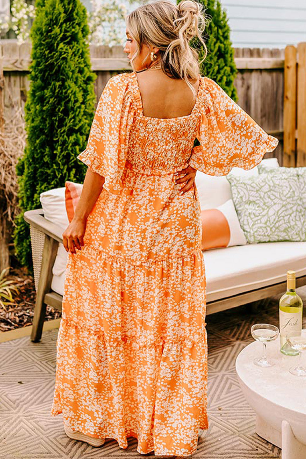 Orange Floral Print Smocked V Neck Wide Sleeve Maxi Dress Floral Dresses JT's Designer Fashion