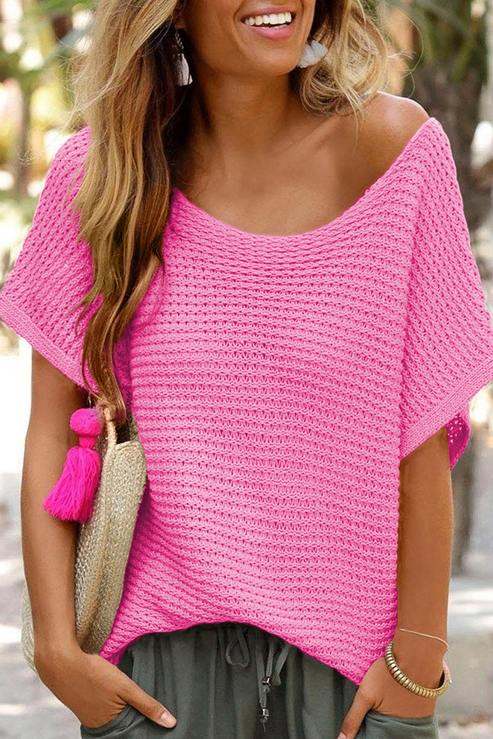 Pink Solid Loose Knit Short Dolman Sleeve Sweater Pre Order Sweaters & Cardigans JT's Designer Fashion