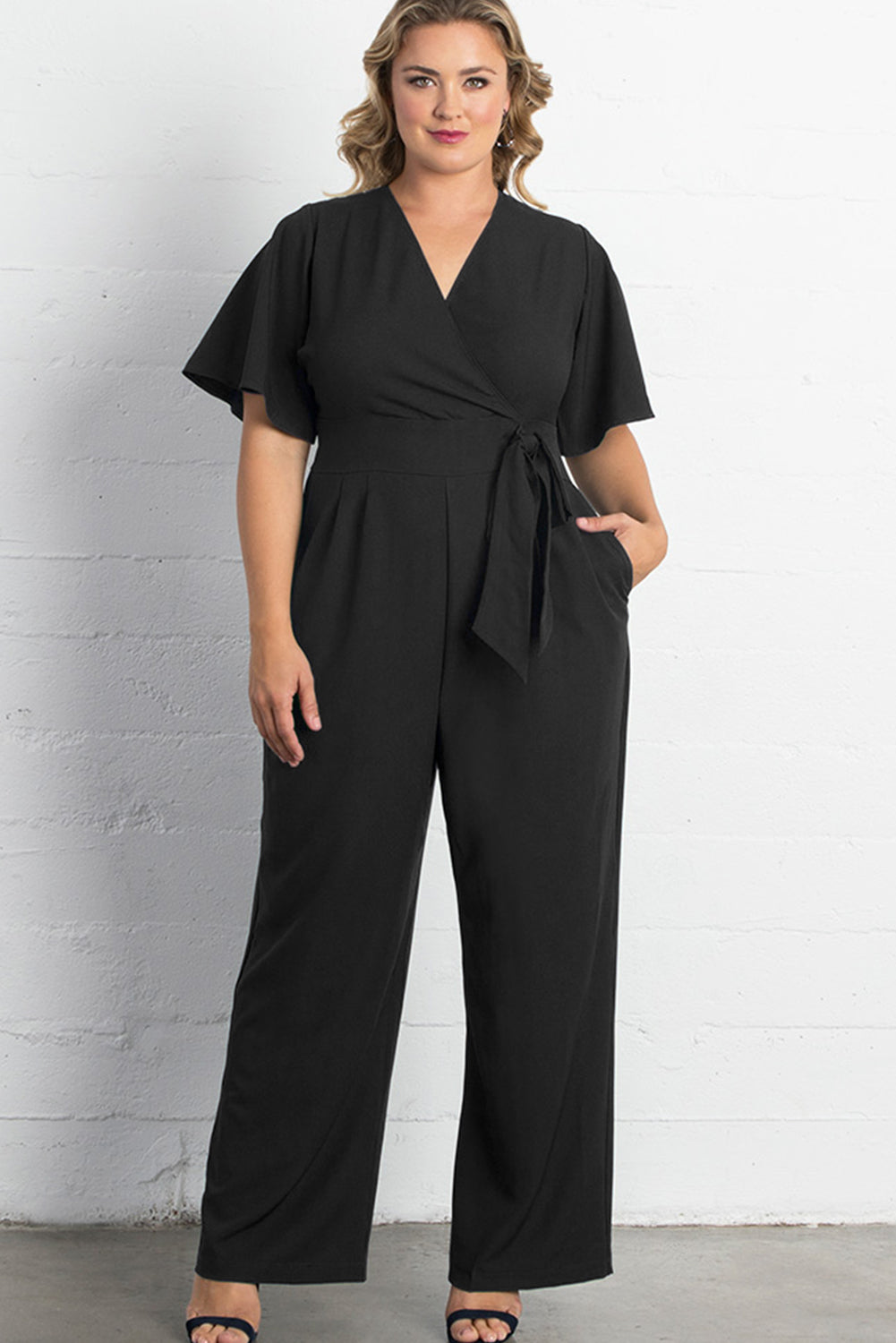 Black V Neck Tie Knot High Waist Plus Size Jumpsuit Jumpsuits & Rompers JT's Designer Fashion