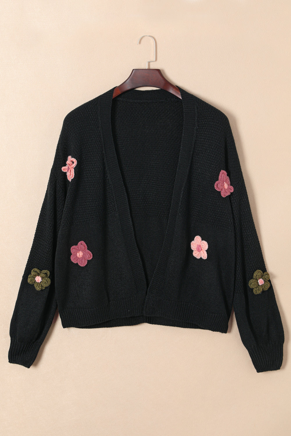 Floral Applique Drop Shoulder Open Front Cardigan Long Sleeve Tops JT's Designer Fashion