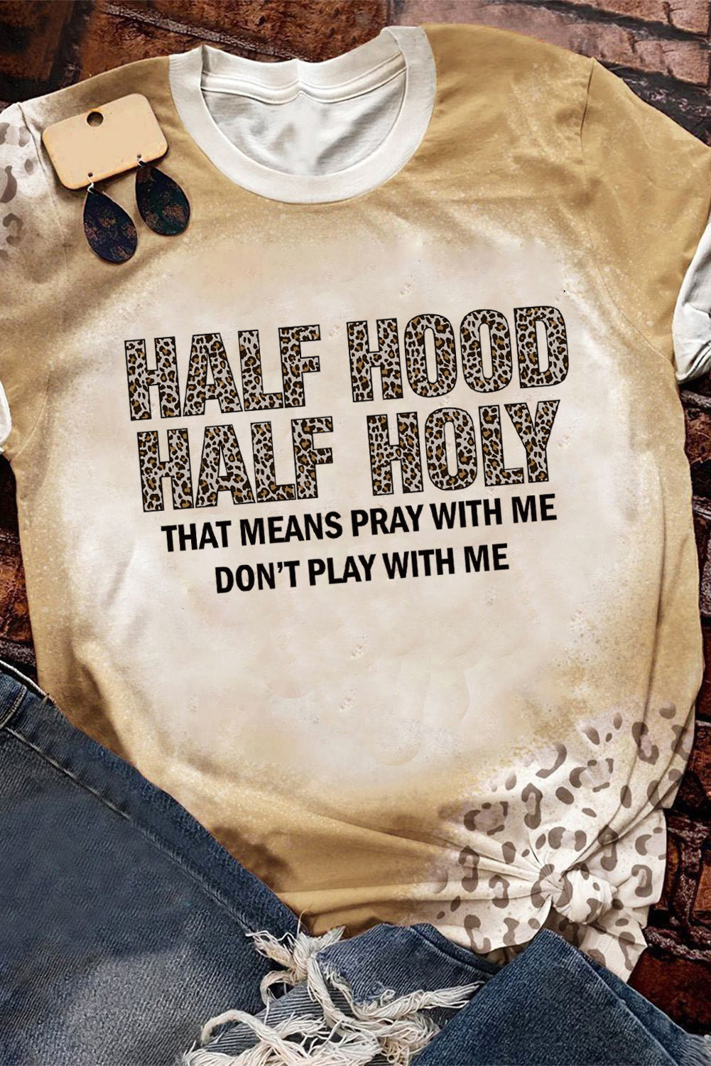 Khaki HALF HOOD HALF HOLY Graphic T Shirt Graphic Tees JT's Designer Fashion