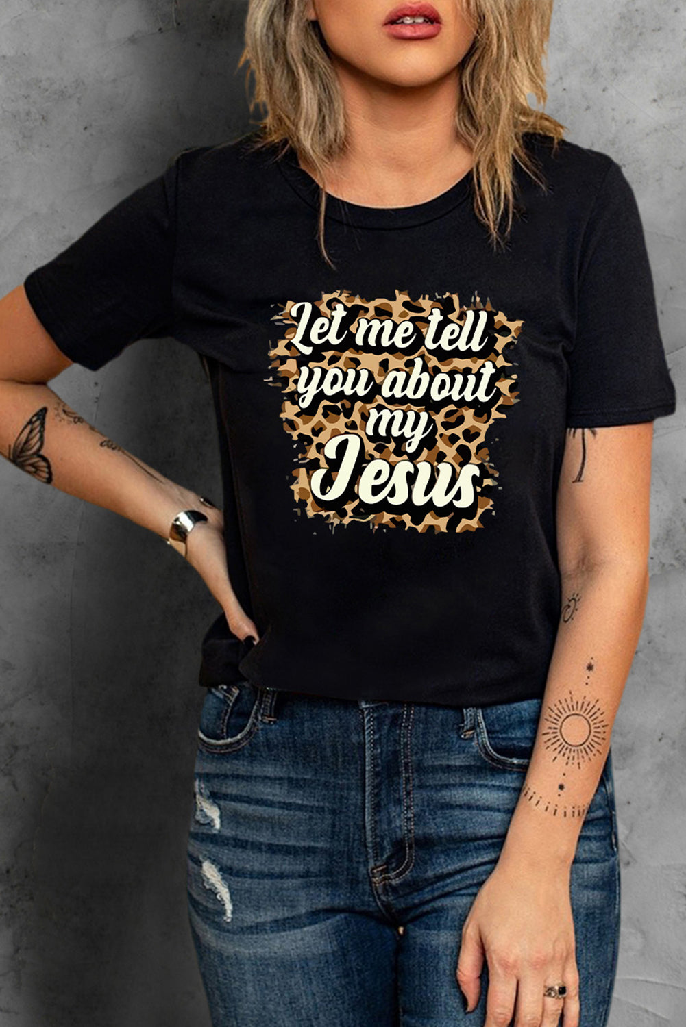 Black Let Me Tell You About My Jesus Leopard Graphic Tee Graphic Tees JT's Designer Fashion