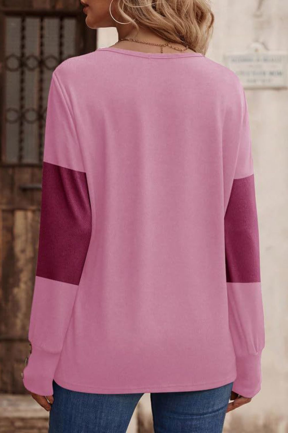 Decorative Button Contrast V-Neck Long Sleeve T-Shirt Long Sleeve Tops JT's Designer Fashion