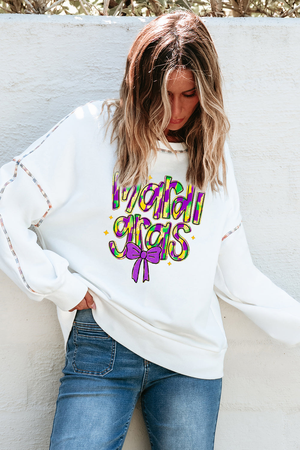 White mardi gras Bowknot Printed Contrast Trim Drop Shoulder Sweatshirt Graphic Sweatshirts JT's Designer Fashion