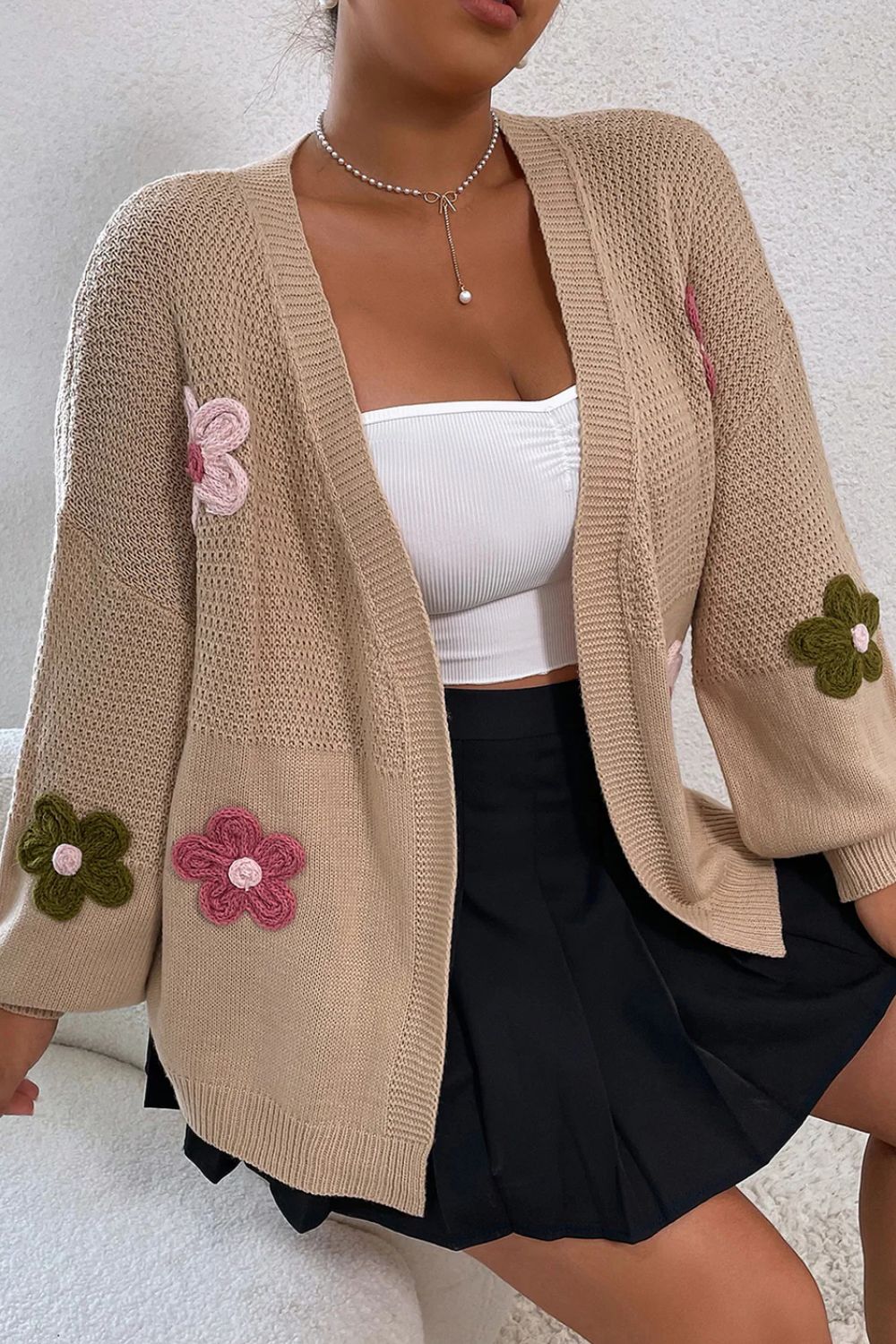 Floral Applique Drop Shoulder Open Front Cardigan Khaki Long Sleeve Tops JT's Designer Fashion