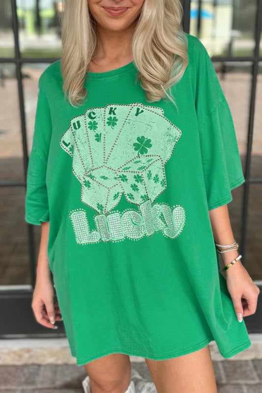 Bright Green Rhinestone Lucky Poker Cards Oversized T Shirt Mini Dress T Shirt Dresses JT's Designer Fashion