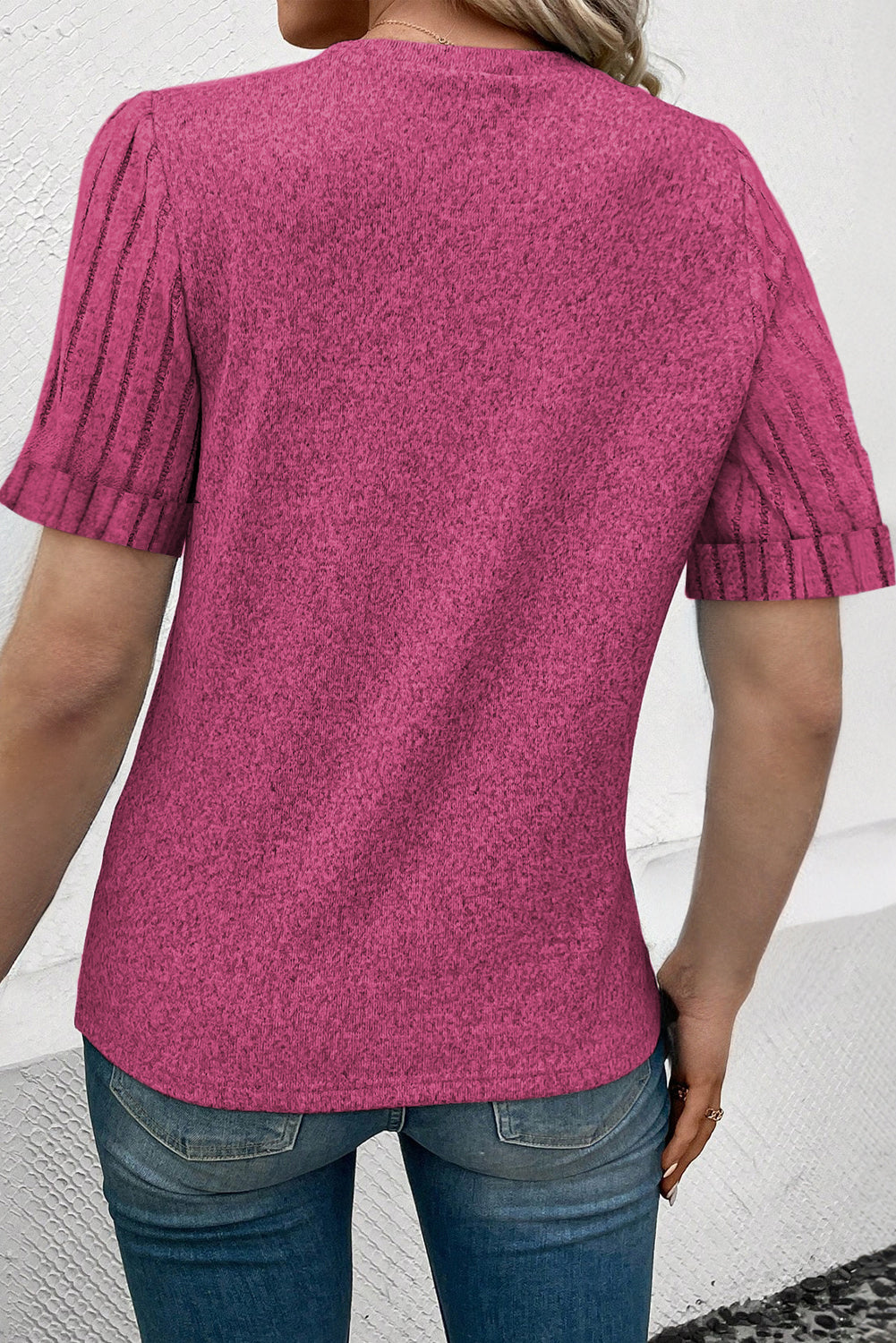 Bright Pink Ribbed Splicing Sleeve Round Neck T-shirt Pre Order Tops JT's Designer Fashion