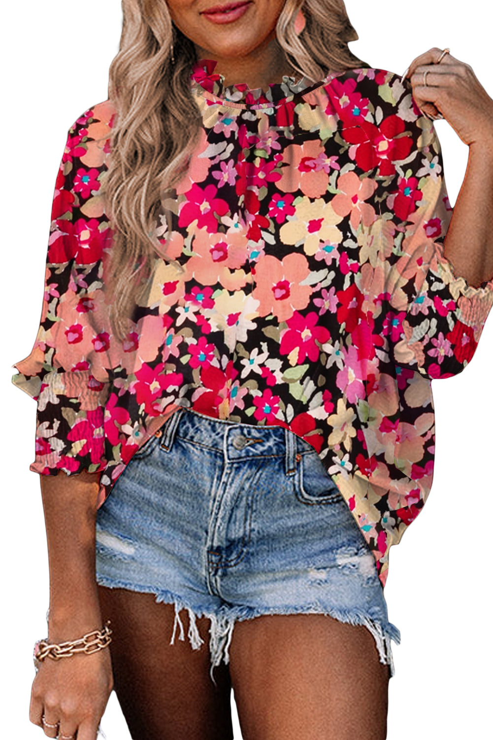 Rose Printed Frilled Neck Shirred Bracelet Sleeve Floral Blouse Blouses & Shirts JT's Designer Fashion