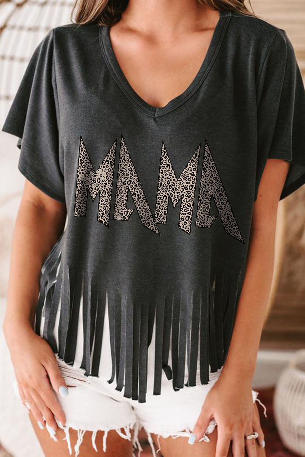 Black Leopard MAMA Fringed Hem Top Black 65%Polyester+30%Viscose+5%Elastane Graphic Tees JT's Designer Fashion